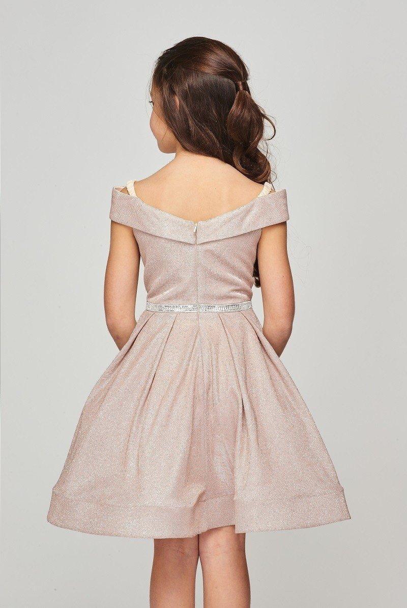 Short Metallic Off Shoulder Flower Girl Dress - The Dress Outlet