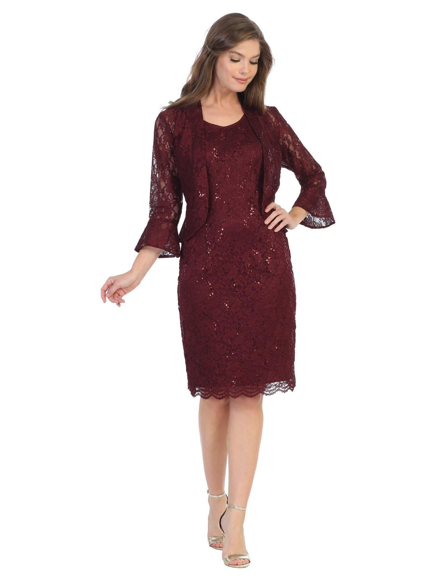 Burgundy Short Mother of the Bride Piece Lace Jacket Dress