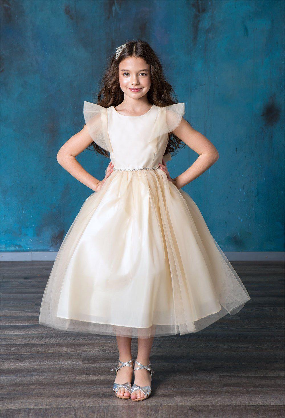 Short Ruffle Sleeves Beaded Flower Girl Dress - The Dress Outlet