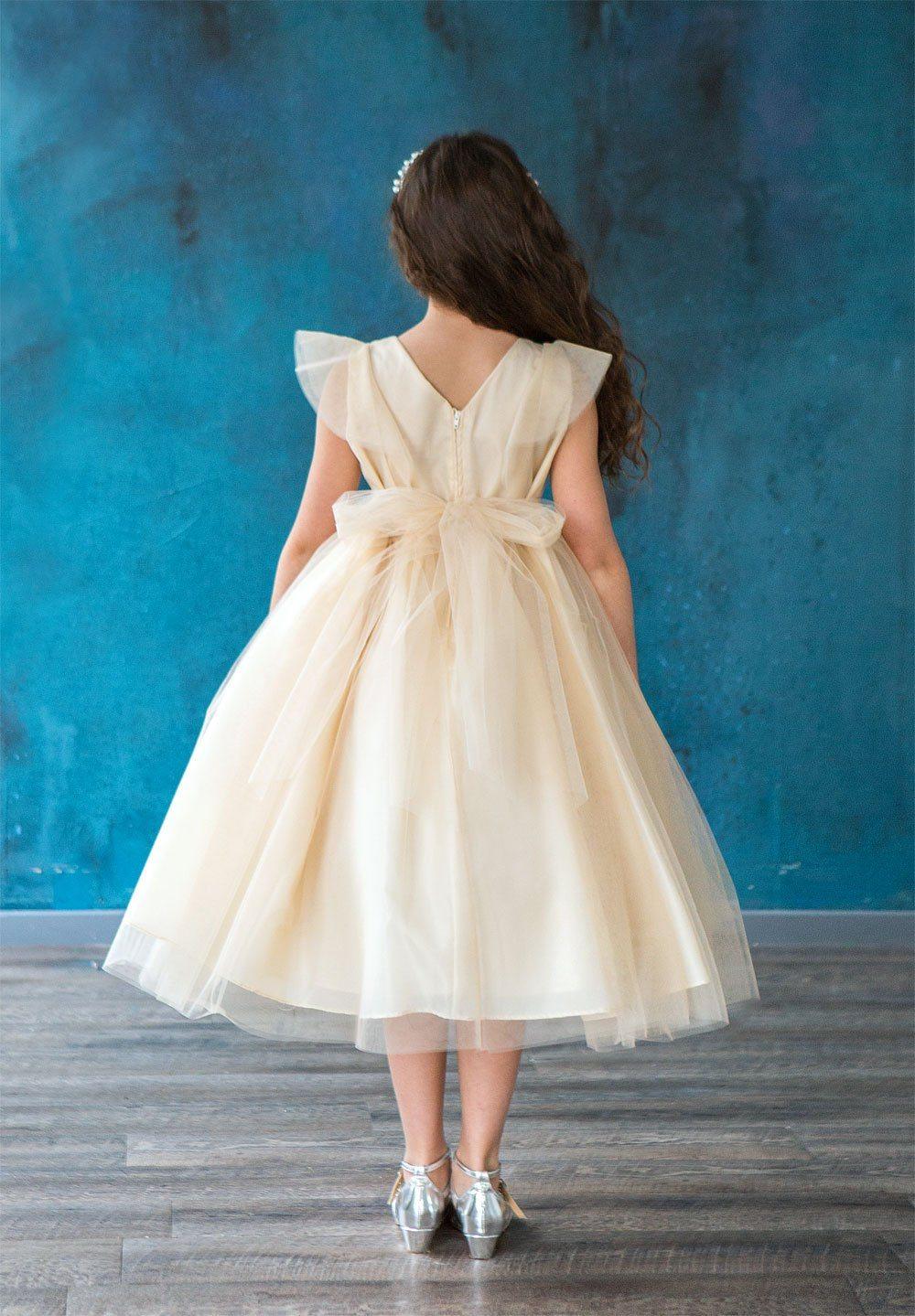 Short Ruffle Sleeves Beaded Flower Girl Dress - The Dress Outlet