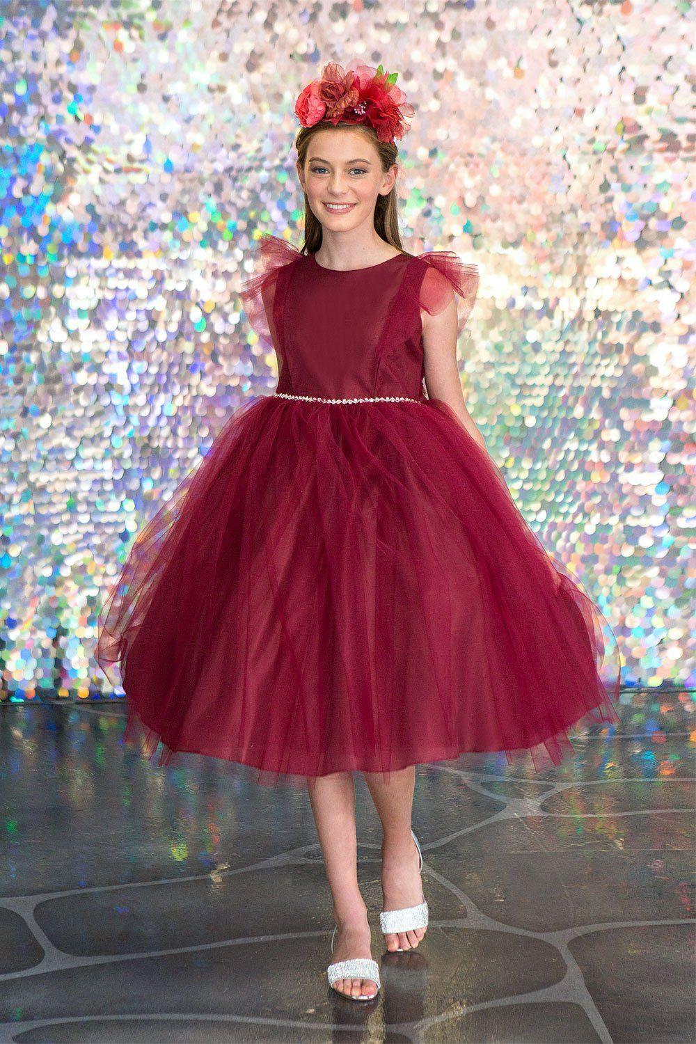 Short Ruffle Sleeves Beaded Flower Girl Dress - The Dress Outlet