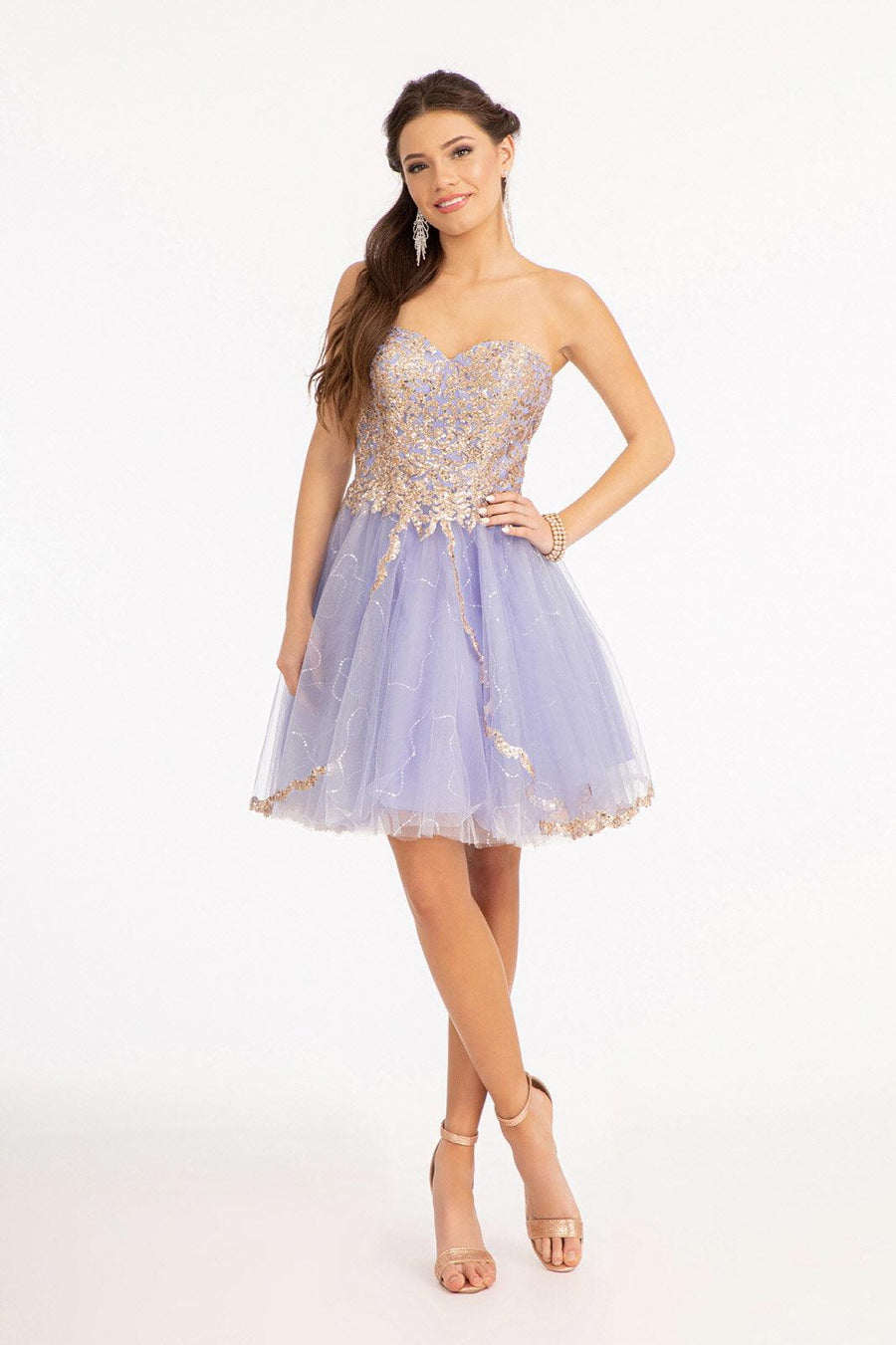 Short Strapless Homecoming Glitter Mesh Prom Dress - The Dress Outlet