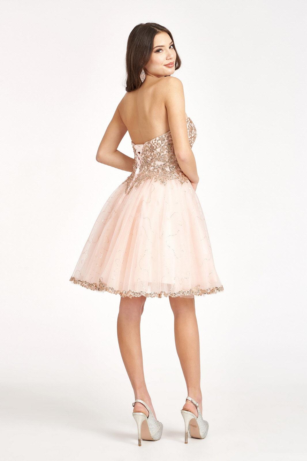 Short Strapless Homecoming Glitter Mesh Prom Dress - The Dress Outlet