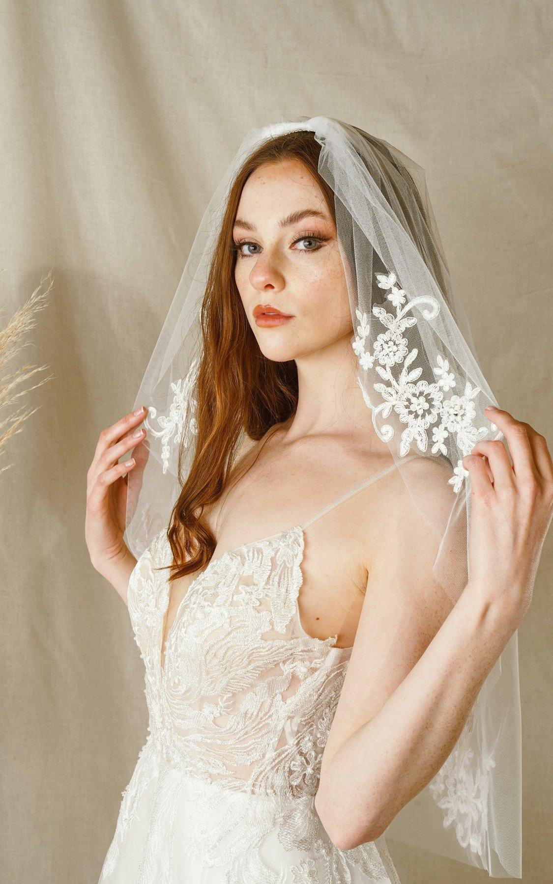 Short Waist Length Botanical Embroidery Wedding Veil - The Dress Outlet