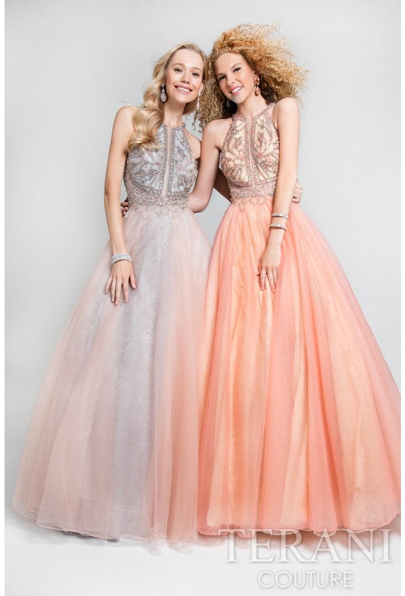 Dusty Blue Gold Terani Couture 1611P1238D Longlter Prom Dress for 726.0 The Dress Outlet