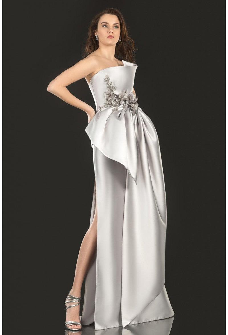 Silver Taupe Terani Couture 2021E2876 Strapless Long Evening Gown for $495.0 – The Dress Outlet
