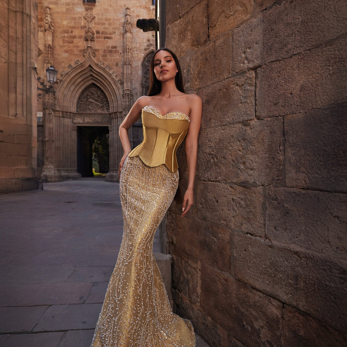 green emerald velvet dress Gold Wedding Dress with Detachable Skirt – D&D Clothing main image 1