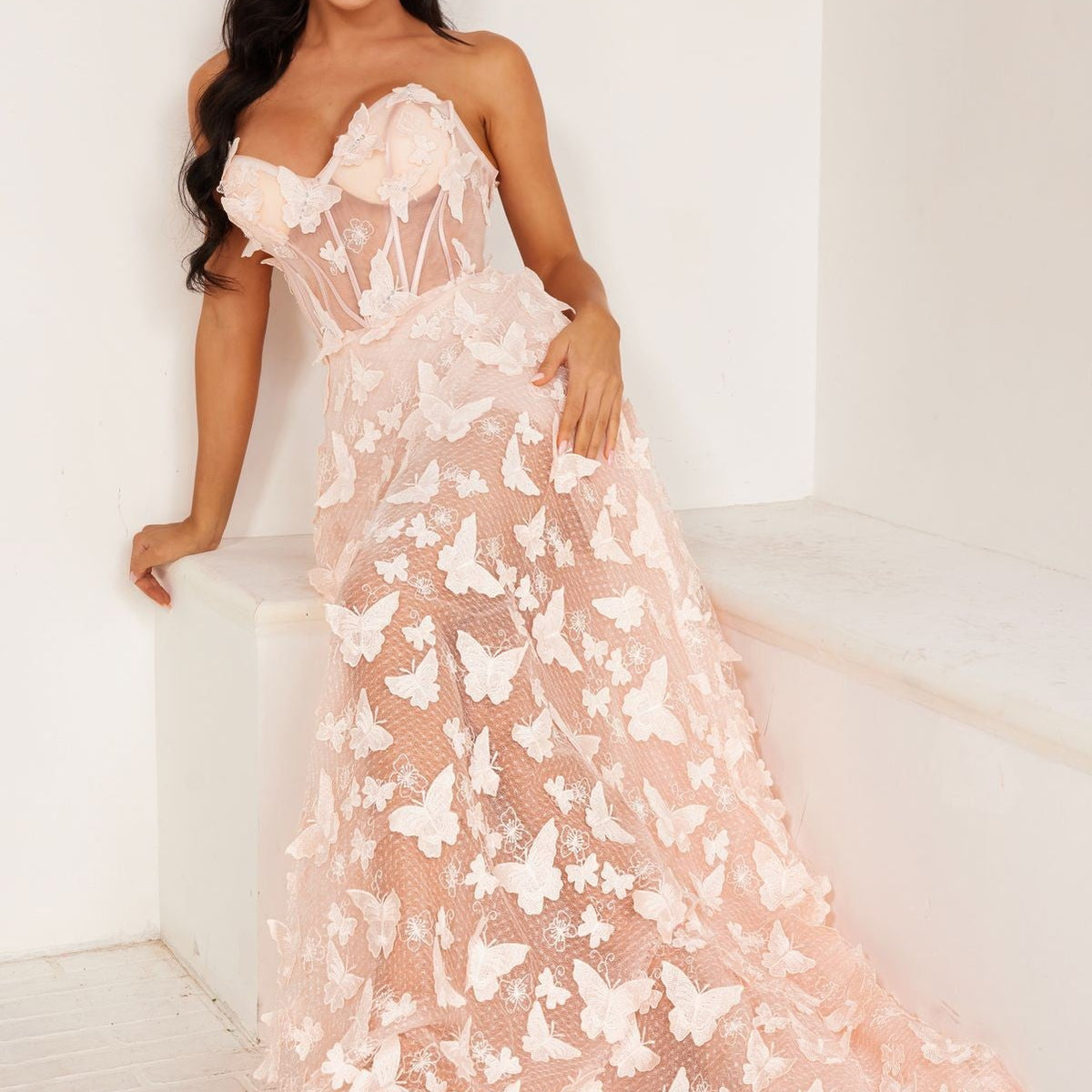 strapless open back dress BABARONI Lace Dusty Sage Prom Dresses A-Line Scoop Floral Ruched Pleated Beaded Sequins Appliqued
