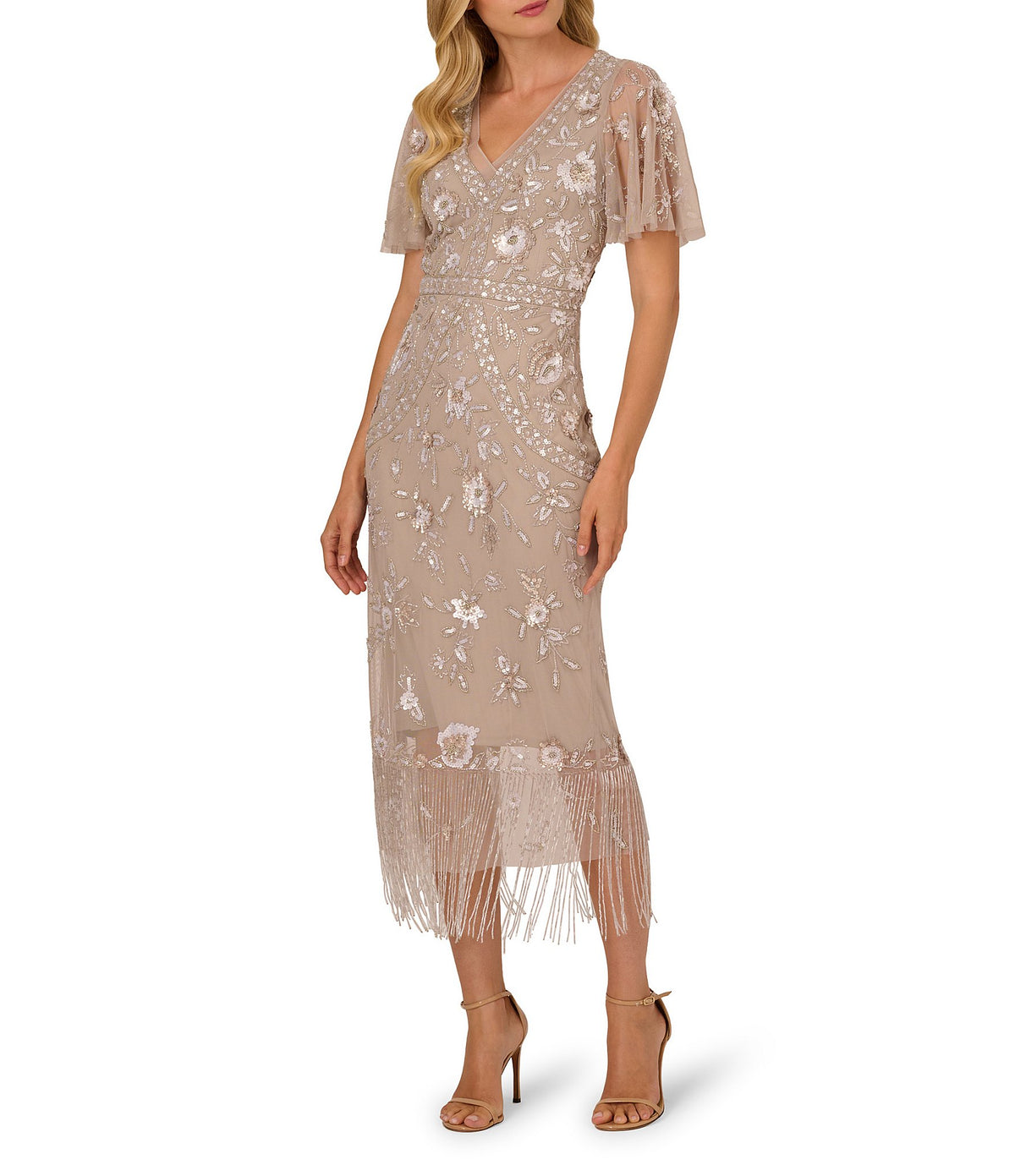 Flutter Sleeve Beaded Fringe Midi Dress