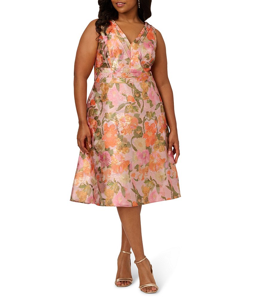Yellow/Orange Adrianna Papell AP1E211911 V-Neck Knee-Length Organza Cocktail Floral Dress