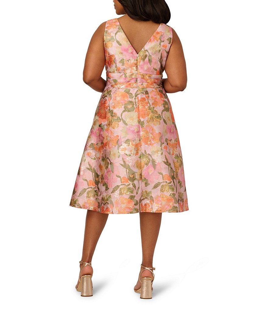 Yellow/Orange Adrianna Papell AP1E211911 V-Neck Knee-Length Organza Cocktail Floral Dress