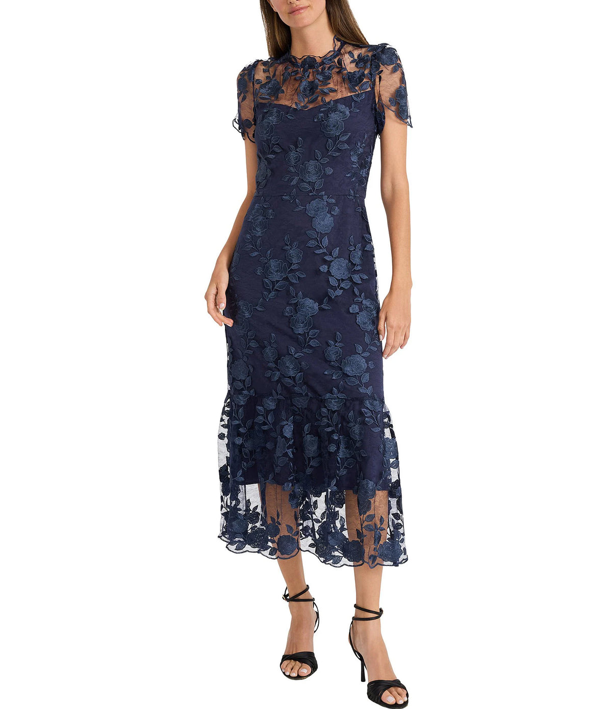 Mesh Yoke Pencil Skirt Dress with Applique Trim Maggy London G6087M