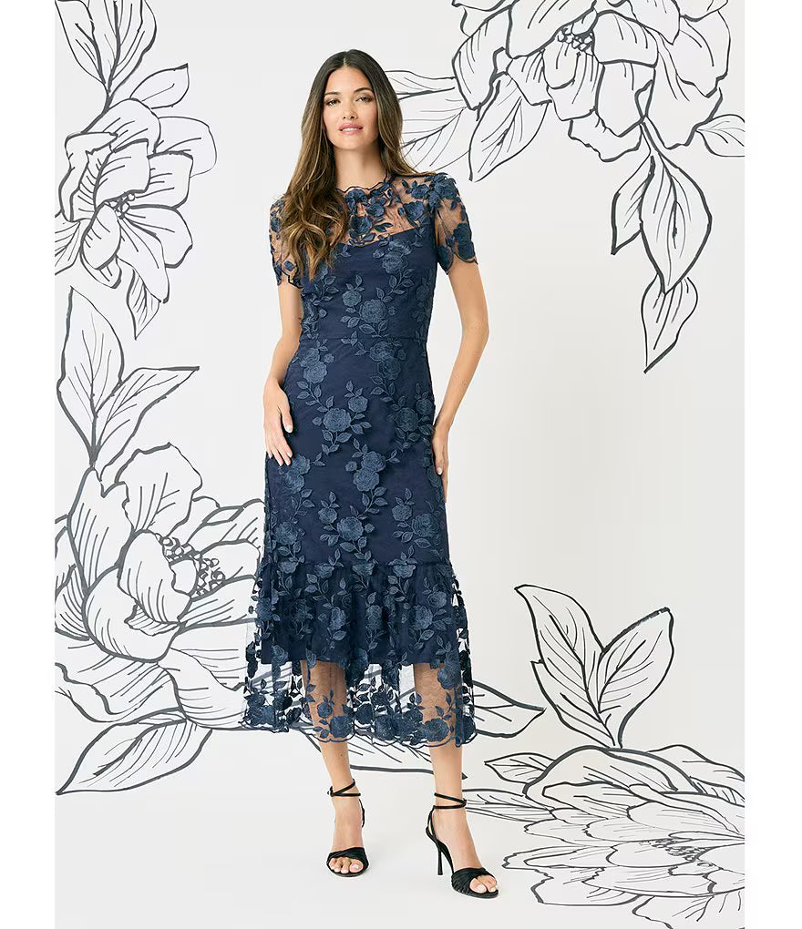 Mesh Yoke Pencil Skirt Dress with Applique Trim Maggy London G6087M