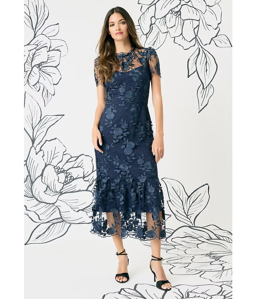 Mesh Yoke Pencil Skirt Dress with Applique Trim Maggy London G6087M