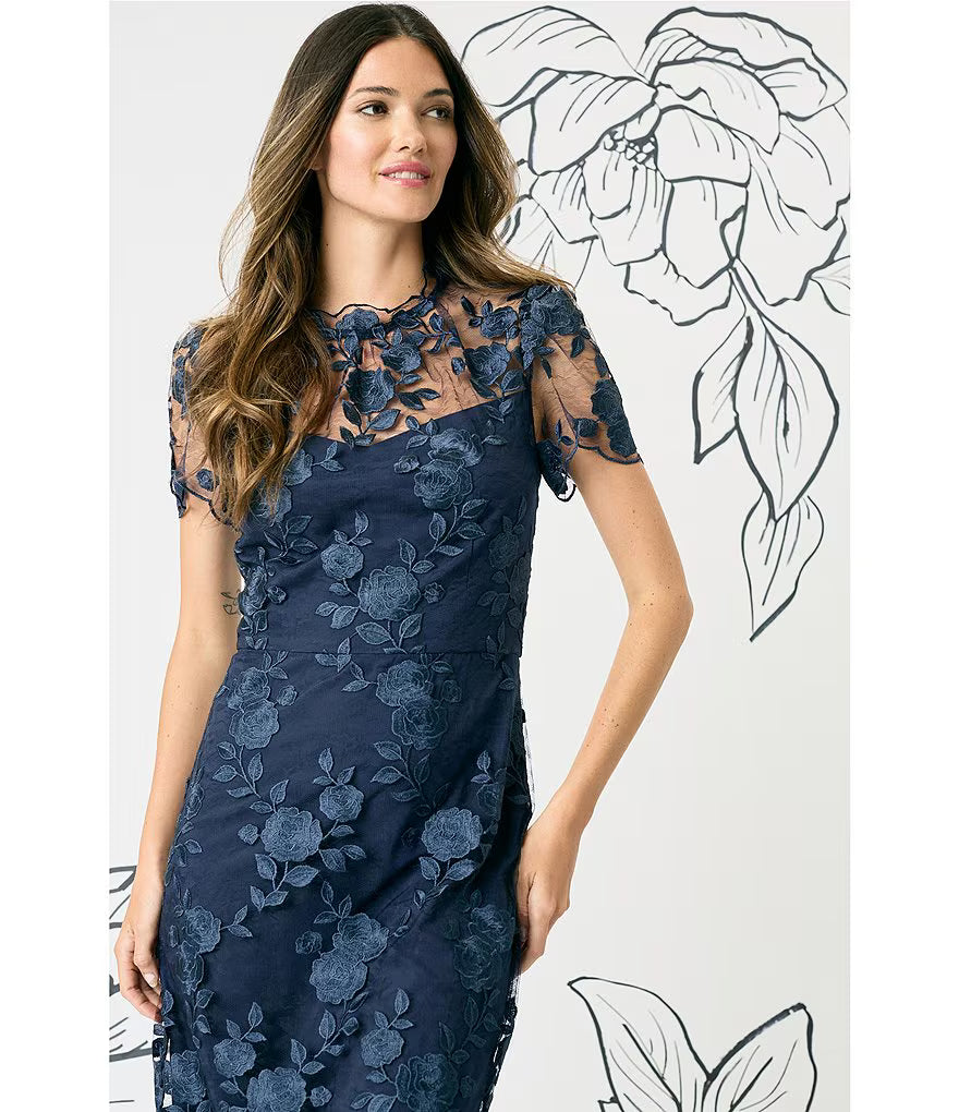 Mesh Yoke Pencil Skirt Dress with Applique Trim Maggy London G6087M