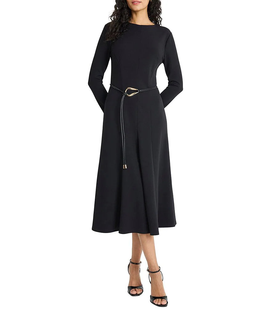 Belted Long Sleeve Sheath Dress in Black Maggy London G6677M