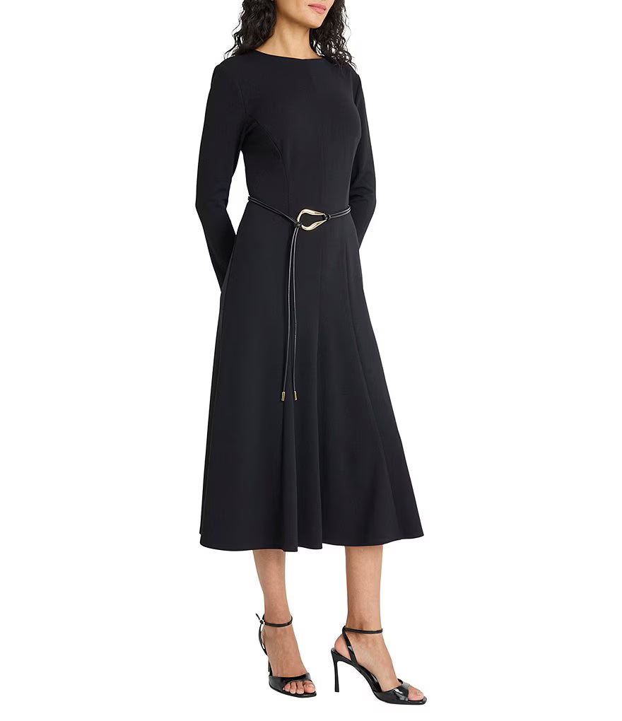 Belted Long Sleeve Sheath Dress in Black Maggy London G6677M