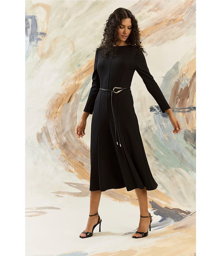 Belted Long Sleeve Sheath Dress in Black Maggy London G6677M