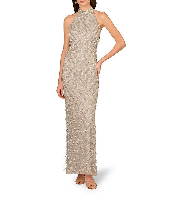 Aidan Mattox Beaded Halter Gown - Silver