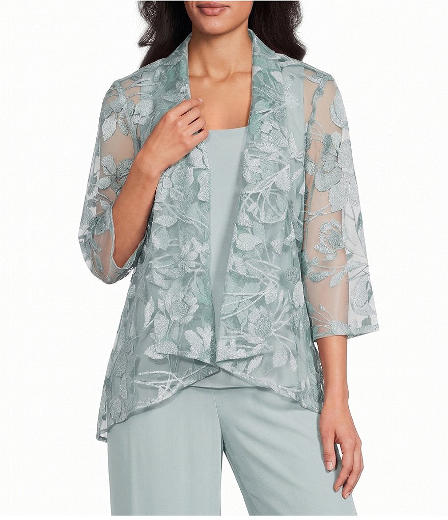 Three-Quarter Sleeve Sleeve Embroidered Twinset with Solid Scoop Neck Chiffon Tank and Fo Alex Evenings 84171963
