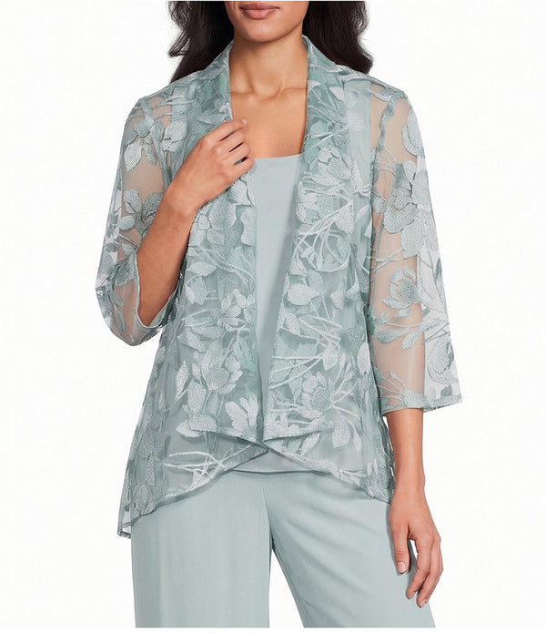 Three-Quarter Sleeve Sleeve Embroidered Twinset with Solid Scoop Neck Chiffon Tank and Fo Alex Evenings 84171963