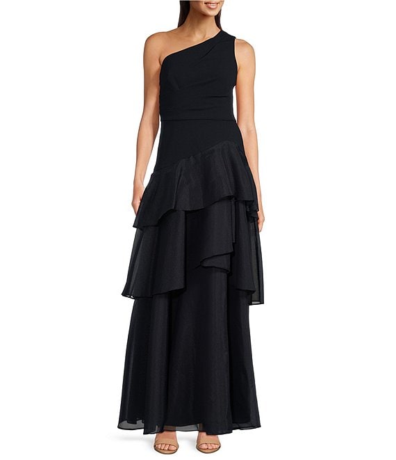 Aidan Mattox MD1E207379 One-Shoulder Long Chiffon Formal Gown Tiered Ruffles