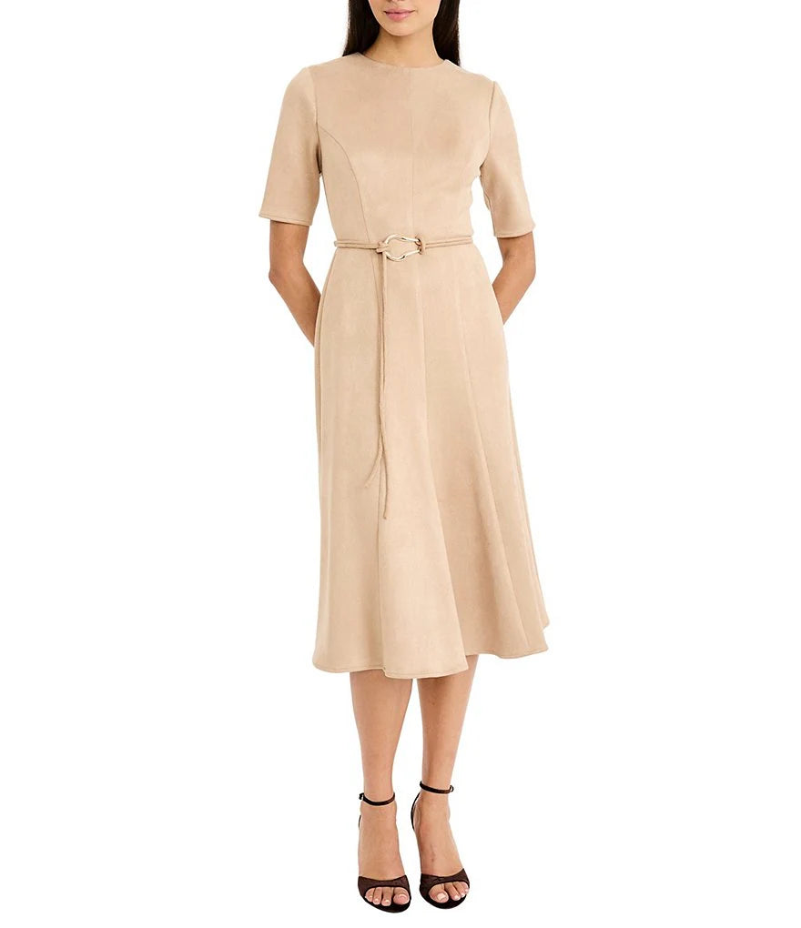 Soft Stretch Suede Short Sleeve Fit And Flare Midi Dress Maggy London G7151M - Front view