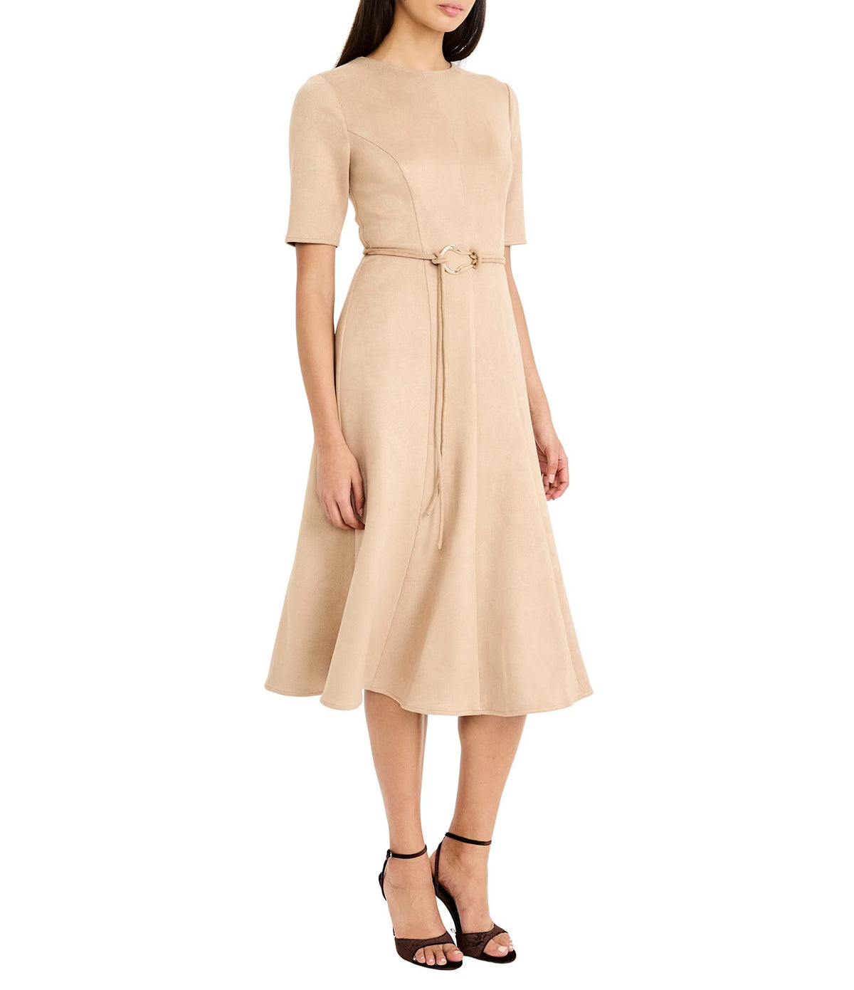 Soft Stretch Suede Short Sleeve Fit And Flare Midi Dress Maggy London G7151M - Close front view