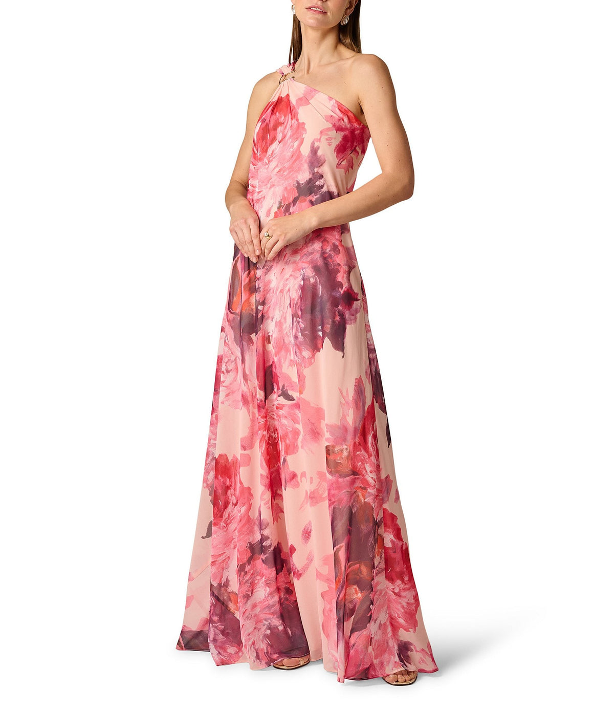 One-Shoulder Peony Floral Chiffon Scarf Gown Aidan Mattox MD1E209994