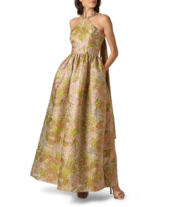 Floral Jacquard Halter Scarf Neckline Long Dress Aidan Mattox MD1E209850