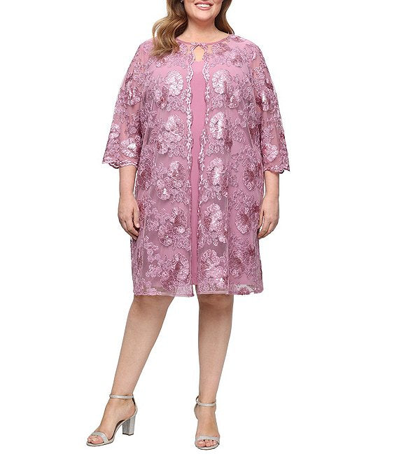Short Embroidered Mock Jacket Dress with Attached Jacket, Scallop Detail Alex Evenings 84171960