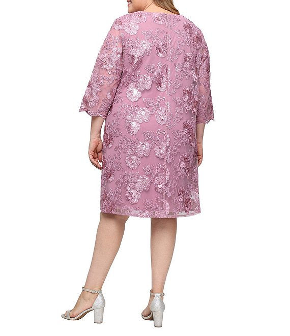 Short Embroidered Mock Jacket Dress with Attached Jacket, Scallop Detail Alex Evenings 84171960