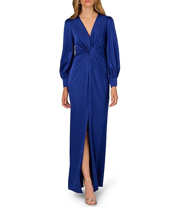 Royal Sapphire Aidan Mattox MD1E209750 V-Neck Full Length Satin Formal Dress Front Slit