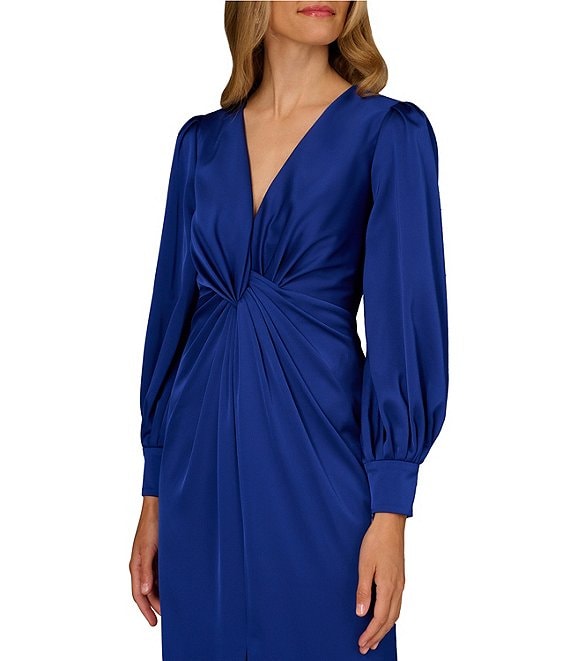 Royal Sapphire Aidan Mattox MD1E209750 V-Neck Full Length Satin Formal Dress Front Slit