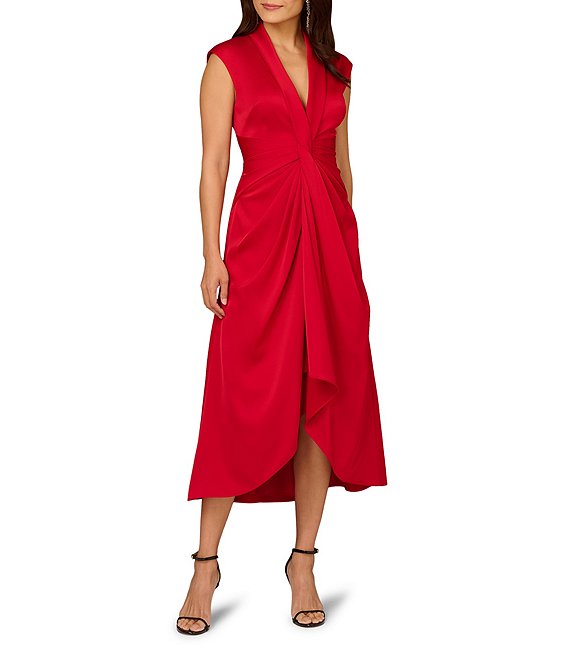 Red Aidan Mattox MD1E209680 V-Neck High-Low Crepe Cocktail Twist Detail