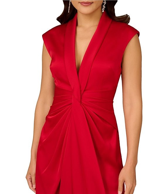 Red Aidan Mattox MD1E209680 V-Neck High-Low Crepe Cocktail Twist Detail