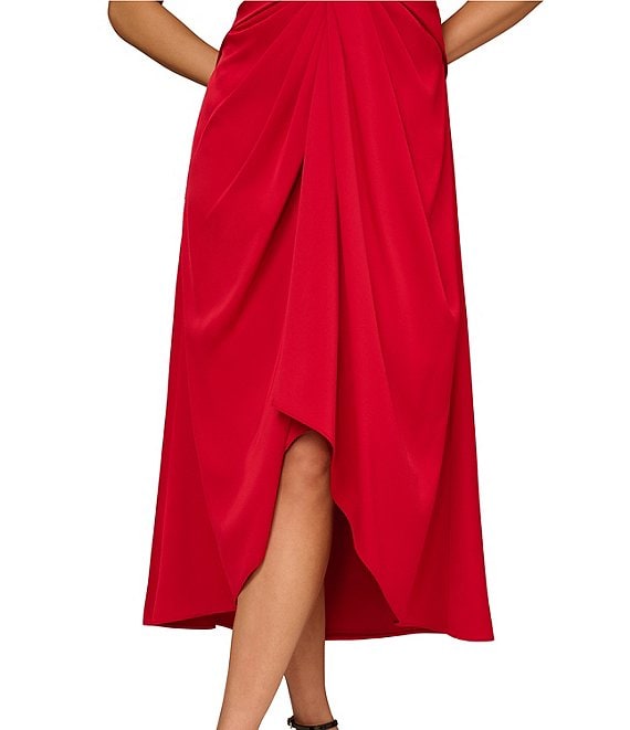 Red Aidan Mattox MD1E209680 V-Neck High-Low Crepe Cocktail Twist Detail