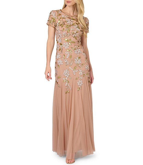 Long Beaded Floral A Line Formal Dress