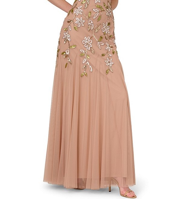 Long Beaded Floral A Line Formal Dress