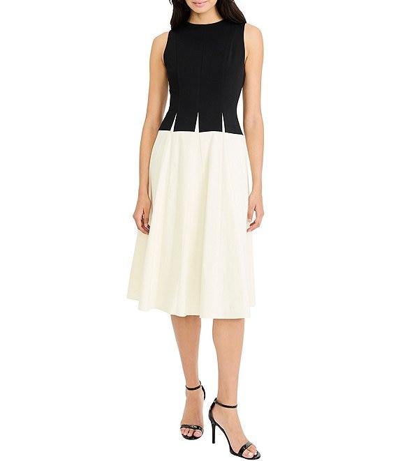 Winter White Maggy London G6924M Crew-Neck Short Crepe Cocktail Color-Block Dress