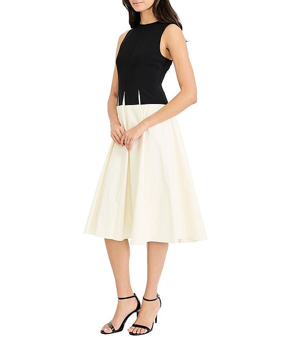 Winter White Maggy London G6924M Crew-Neck Short Crepe Cocktail Color-Block Dress