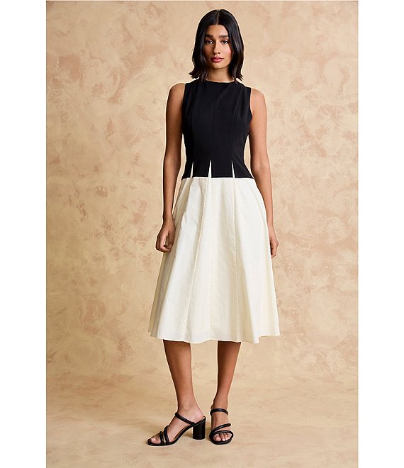 Winter White Maggy London G6924M Crew-Neck Short Crepe Cocktail Color-Block Dress