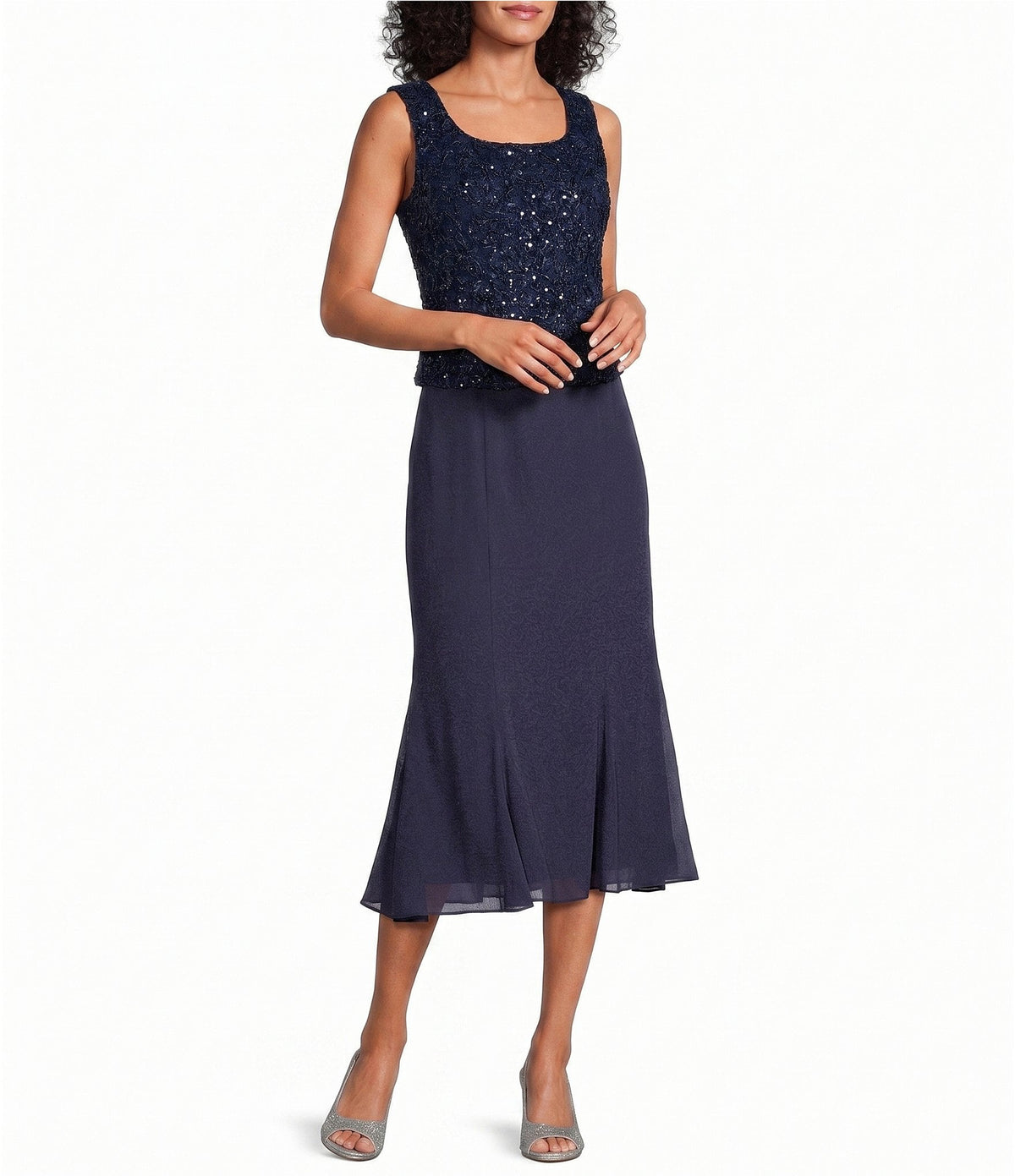 Tea Length Soutache Dress with Center Front Button Jacket and Chiffon Skirt Alex Evenings 81122689