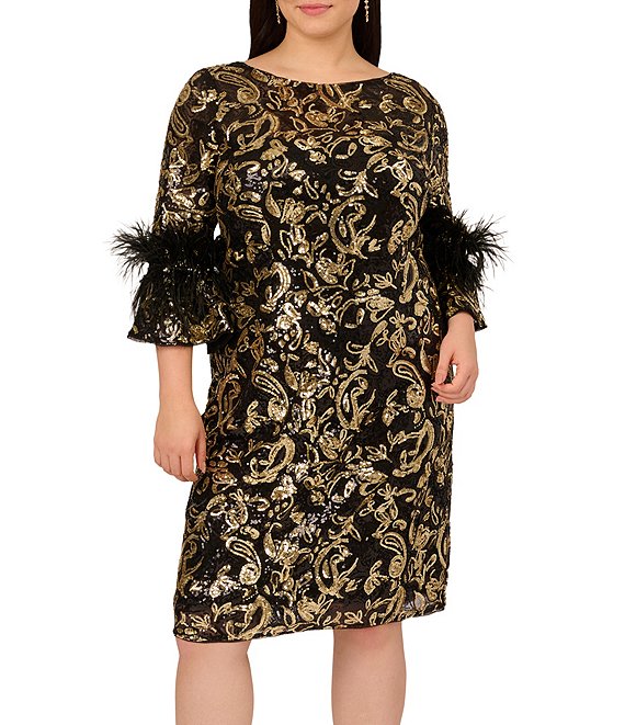 Adrianna Papell Sequin Emb Midi Dress Women's Dress Black/Gold : 14