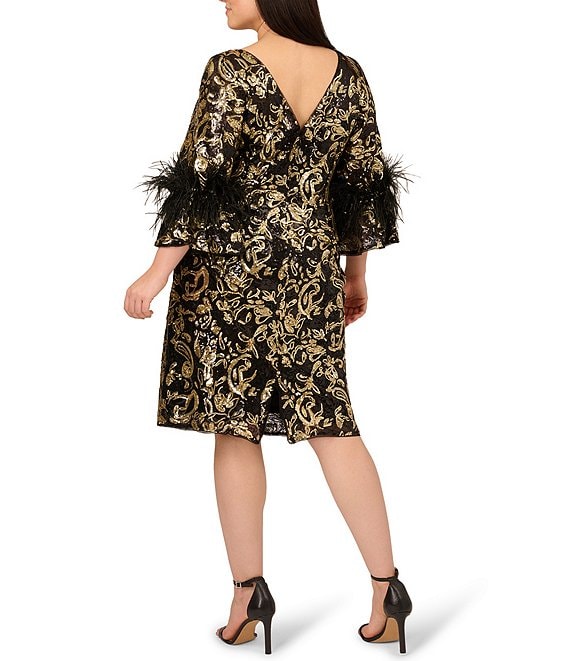Black Gold Adrianna Papell AP1E212767 Bateau Short Sequin Cocktail Feather Bell Sleeves