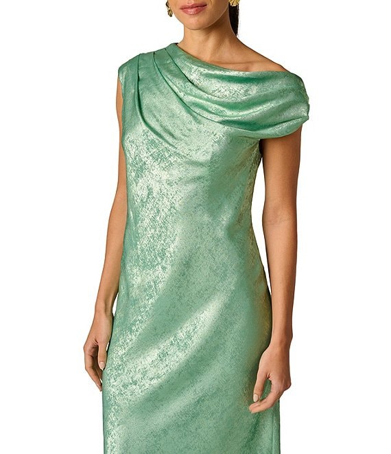 Jade Quartz Adrianna Papell ADAE213224 Cowl Floor-Length Jacquard Formal Dress Metallic