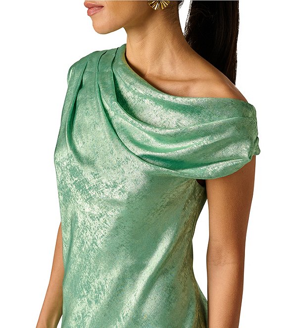 Jade Quartz Adrianna Papell ADAE213224 Cowl Floor-Length Jacquard Formal Dress Metallic
