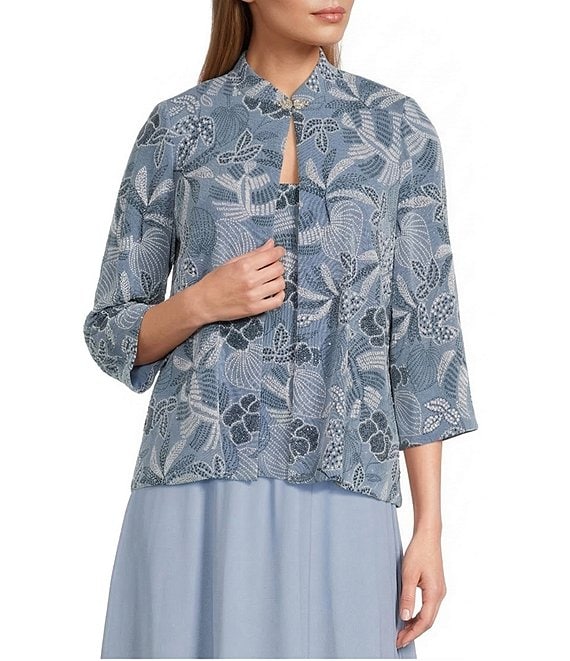 3/4 Sleeve Printed Slinky Glitter Knit Twinset with Mandarin Cape Neckline Jacket Alex Evenings 84211652