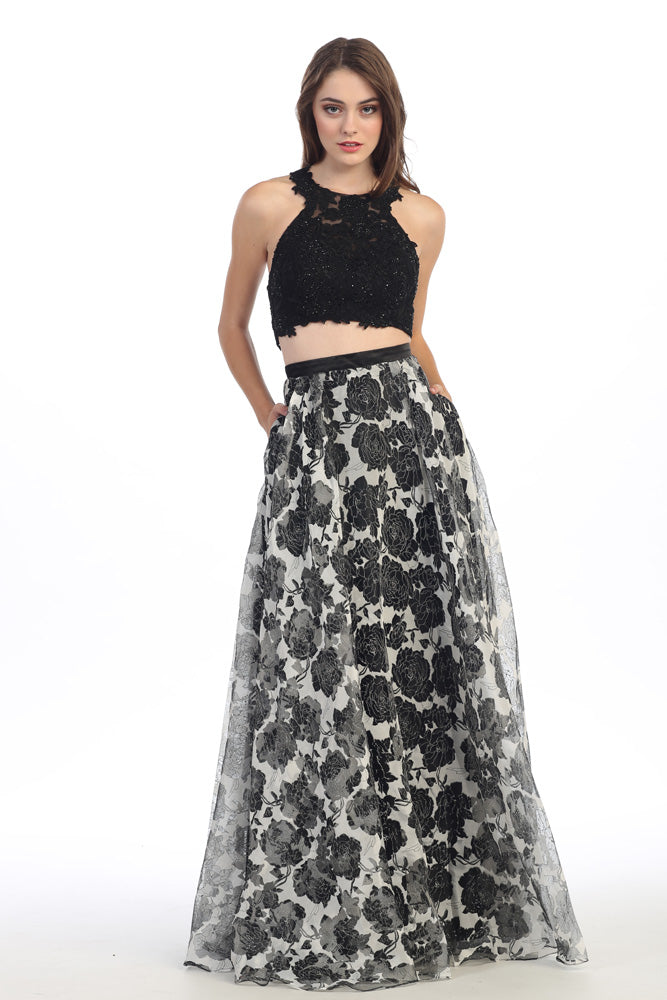 Black/Black Jewel Floor-Length Lace and Chiffon Prom Two-Piece Dress with Pockets Eureka Fashion 4222