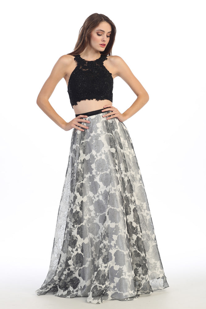 Black/Black Jewel Floor-Length Lace and Chiffon Prom Two-Piece Dress with Pockets Eureka Fashion 4222